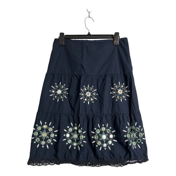 Ann Taylor Loft  Boho Mirror Skirt 4P Navy Blue Embroidered Cotton A-Line Petite - Picture 1 of 6